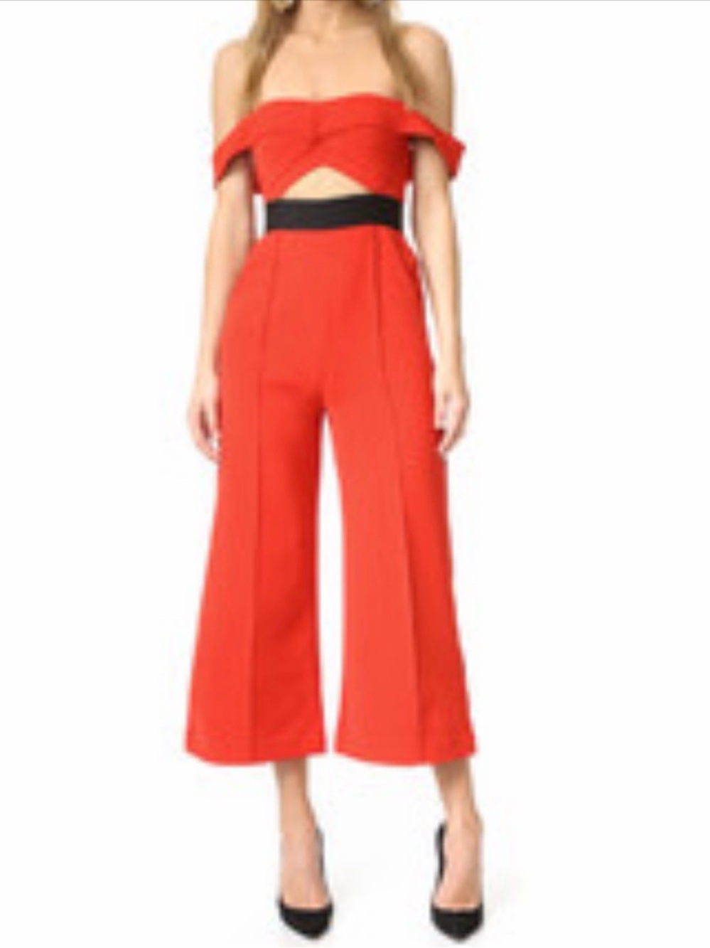 Self-Portrait Red Off-Shoulder Wide-Leg Jumpsuit with Black Waistband